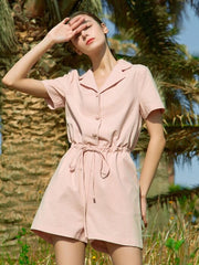 Short Sleeve Linen Jumpsuit for Women with Drawstring Waist and Notched Collar – Lightweight Summer Fit