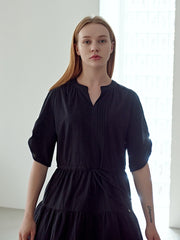 Pleated Linen Midi Dress with Relaxed Sleeves and Adjustable Drawstring Waist