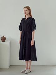 Pleated Linen Midi Dress with Relaxed Sleeves and Adjustable Drawstring Waist