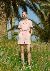 Short Sleeve Linen Jumpsuit for Women with Drawstring Waist and Notched Collar – Lightweight Summer Fit