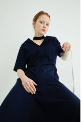 Chic V-Neck Linen Midi Dress with Belted Waist and Short Sleeves for Elegant Styling