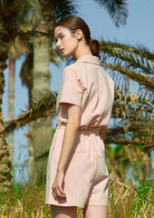 Short Sleeve Linen Jumpsuit for Women with Drawstring Waist and Notched Collar – Lightweight Summer Fit