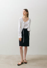 Classic High-Waisted Cotton Denim Midi Skirt with Raw Hem and Front Seam for Modern Minimal Style