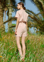 Short Sleeve Linen Jumpsuit for Women with Drawstring Waist and Notched Collar – Lightweight Summer Fit