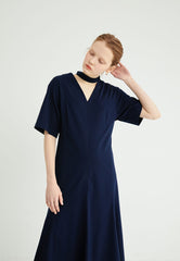 Chic V-Neck Linen Midi Dress with Belted Waist and Short Sleeves for Elegant Styling