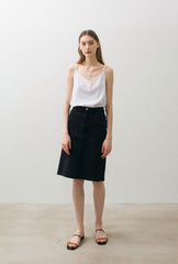 Classic High-Waisted Cotton Denim Midi Skirt with Raw Hem and Front Seam for Modern Minimal Style