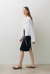 Classic High-Waisted Cotton Denim Midi Skirt with Raw Hem and Front Seam for Modern Minimal Style