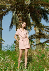 Short Sleeve Linen Jumpsuit for Women with Drawstring Waist and Notched Collar – Lightweight Summer Fit