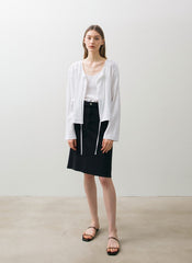 Classic High-Waisted Cotton Denim Midi Skirt with Raw Hem and Front Seam for Modern Minimal Style