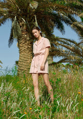 Short Sleeve Linen Jumpsuit for Women with Drawstring Waist and Notched Collar – Lightweight Summer Fit