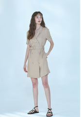 Short-Sleeve Linen Blazer Dress With Double-Breasted Front And Waist Belt Detail