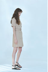 Short-Sleeve Linen Blazer Dress With Double-Breasted Front And Waist Belt Detail