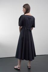 Elegant Cotton Poplin Midi Dress with Square Neckline and Button Front Detail