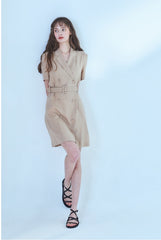 Short-Sleeve Linen Blazer Dress With Double-Breasted Front And Waist Belt Detail