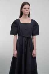 Elegant Cotton Poplin Midi Dress with Square Neckline and Button Front Detail