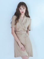 Short-Sleeve Linen Blazer Dress With Double-Breasted Front And Waist Belt Detail