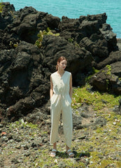 Sleeveless Linen Jumpsuit for Women with Drawstring Waist and Wide-Leg Fit – Breezy Summer Essential