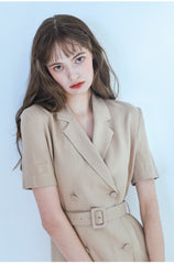 Short-Sleeve Linen Blazer Dress With Double-Breasted Front And Waist Belt Detail