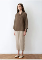 Women's Long Sleeve Linen Blouse – Relaxed Pullover Top with Wide Collar and Natural Drape