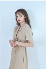 Short-Sleeve Linen Blazer Dress With Double-Breasted Front And Waist Belt Detail