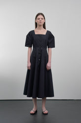 Elegant Cotton Poplin Midi Dress with Square Neckline and Button Front Detail