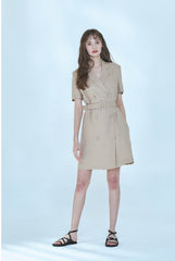 Short-Sleeve Linen Blazer Dress With Double-Breasted Front And Waist Belt Detail