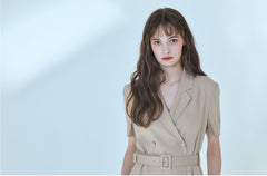 Short-Sleeve Linen Blazer Dress With Double-Breasted Front And Waist Belt Detail