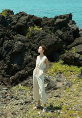 Sleeveless Linen Jumpsuit for Women with Drawstring Waist and Wide-Leg Fit – Breezy Summer Essential