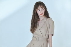 Short-Sleeve Linen Blazer Dress With Double-Breasted Front And Waist Belt Detail