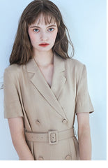 Short-Sleeve Linen Blazer Dress With Double-Breasted Front And Waist Belt Detail