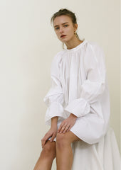Balloon-Sleeve Linen Mini Dress With High Gathered Neckline and Flared Hem