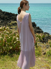 Sleeveless Pleated Hem Linen Dress for Women with Breezy Silhouette and Elegant Back V-Cut