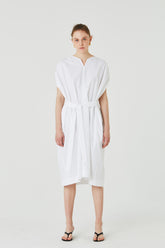 Elegant V-Neck Linen Midi Dress with Waist Tie and Relaxed Sleeveless Silhouette