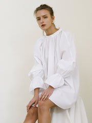 Balloon-Sleeve Linen Mini Dress With High Gathered Neckline and Flared Hem