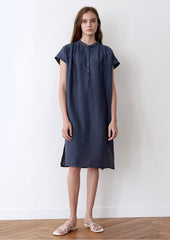 Women's Short Sleeve Linen Dress – Lightweight Mid-Length Shirt Dress with Button Placket