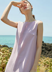 Sleeveless Pleated Hem Linen Dress for Women with Breezy Silhouette and Elegant Back V-Cut