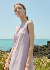 Sleeveless Pleated Hem Linen Dress for Women with Breezy Silhouette and Elegant Back V-Cut