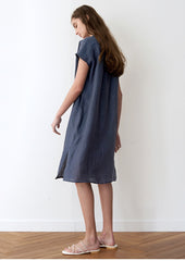Women's Short Sleeve Linen Dress – Lightweight Mid-Length Shirt Dress with Button Placket