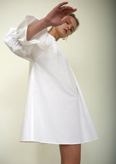 Balloon-Sleeve Linen Mini Dress With High Gathered Neckline and Flared Hem