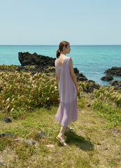 Sleeveless Pleated Hem Linen Dress for Women with Breezy Silhouette and Elegant Back V-Cut