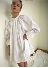 Balloon-Sleeve Linen Mini Dress With High Gathered Neckline and Flared Hem
