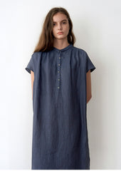 Women's Short Sleeve Linen Dress – Lightweight Mid-Length Shirt Dress with Button Placket