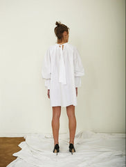 Balloon-Sleeve Linen Mini Dress With High Gathered Neckline and Flared Hem