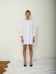 Balloon-Sleeve Linen Mini Dress With High Gathered Neckline and Flared Hem