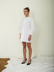 Balloon-Sleeve Linen Mini Dress With High Gathered Neckline and Flared Hem