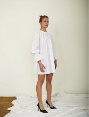 Balloon-Sleeve Linen Mini Dress With High Gathered Neckline and Flared Hem