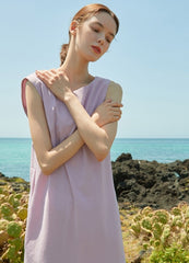 Sleeveless Pleated Hem Linen Dress for Women with Breezy Silhouette and Elegant Back V-Cut