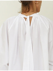 Balloon-Sleeve Linen Mini Dress With High Gathered Neckline and Flared Hem