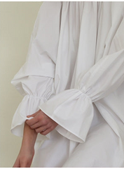 Balloon-Sleeve Linen Mini Dress With High Gathered Neckline and Flared Hem