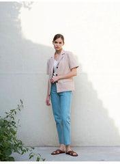 Short Sleeve Tailored Linen Blouse with Notched Lapel and Button Front Closure